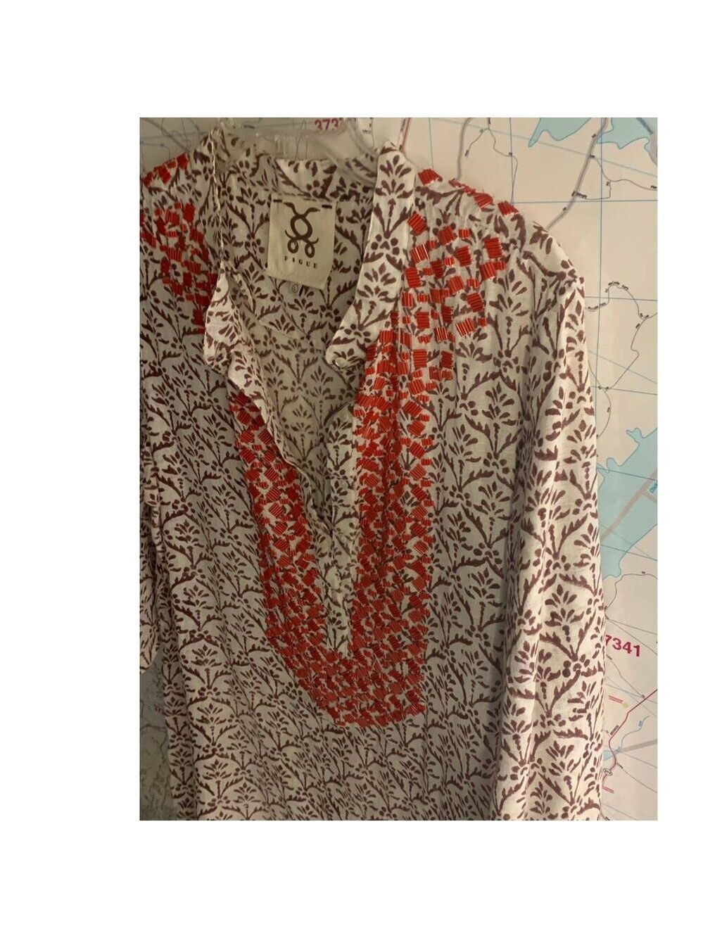 FIGUE 3/4 Sleeve Brown Leaf and Orange Beaded tunic top flaw large - Picture 2 of 15